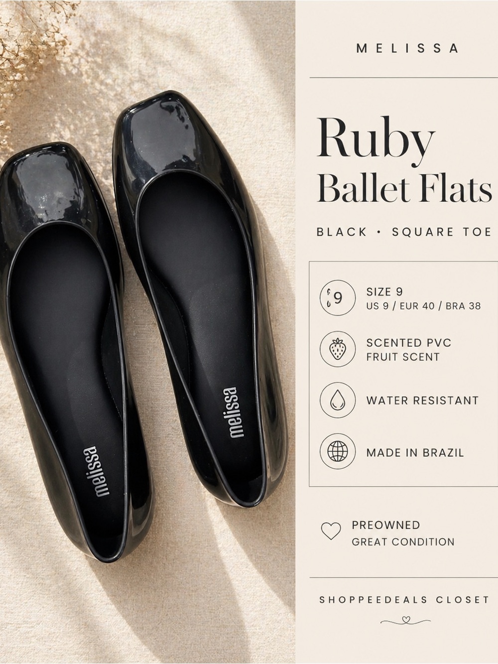 Melissa Ruby Black Ballet Flats Fruit-Scented PVC Size 9